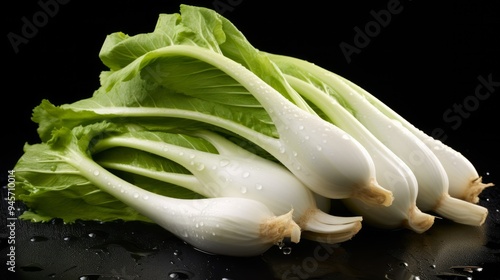 Pile of fresh endives with glistening droplets of water. Advertising photography. Neural network ai generated art photo