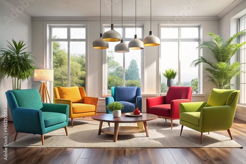 Minimalist interior design of modern living room with vibrant colorful multicolored armchairs. photo