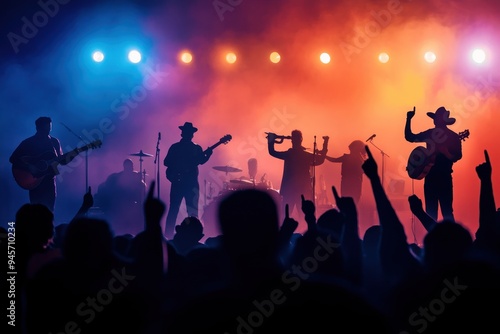 Hispanic Music Festival: A concert scene with musicians on stage playing Latin instruments, with a crowd dancing and enjoying the performance.