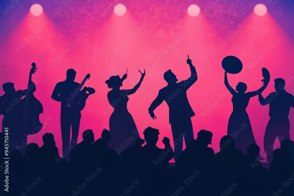 Hispanic Music Festival: A concert scene with musicians on stage playing Latin instruments, with a crowd dancing and enjoying the performance. Hispanic Music Festival: A concert scene with musicians on stage playing Latin instruments, with a crowd dancing and enjoying the performance.
