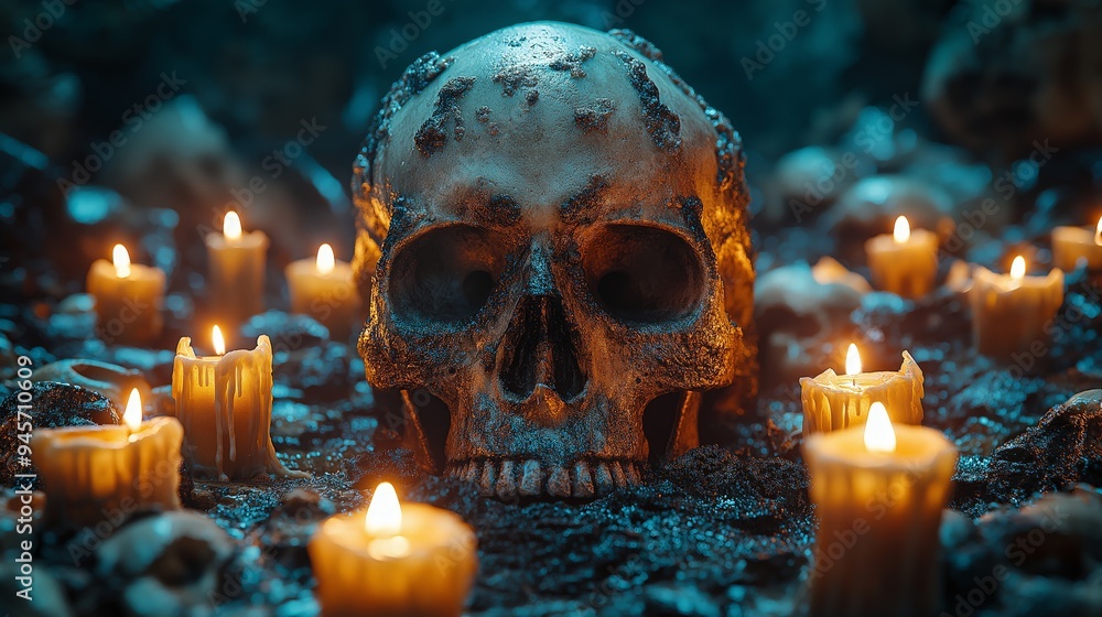 Eerie Skull Surrounded by Flickering Candles in a Dark, Mysterious Setting, Evoking a Spooky and Gothic Atmosphere Eerie Skull Surrounded by Flickering Candles in a Dark, Mysterious Setting, Evoking a Spooky and Gothic Atmosphere
