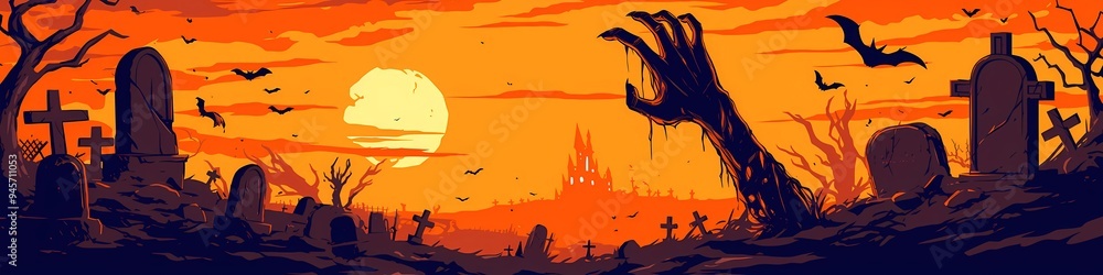 Creepy dirty zombie hand rising on night evil cemetery. Monster rising from the grave. Flat cartoon style. Trick or Treat. Holiday Halloween concept. Illustration for banner or poster with copy space Creepy dirty zombie hand rising on night evil cemetery. Monster rising from the grave. Flat cartoon style. Trick or Treat. Holiday Halloween concept. Illustration for banner or poster with copy space
