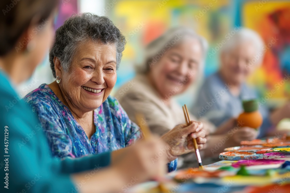 A group of elderly residents engaged in an art therapy session, painting canvases or molding clay A group of elderly residents engaged in an art therapy session, painting canvases or molding clay