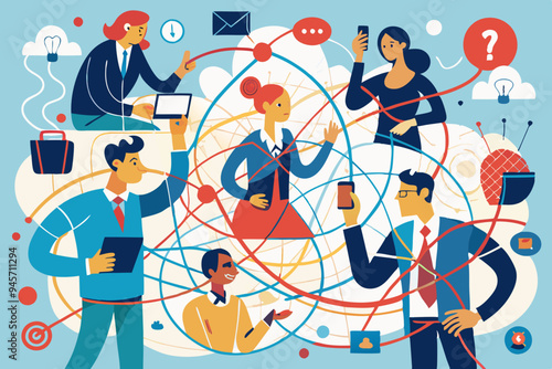 Communication problem, misunderstanding or confusion, mess or chaos communicate, conflict opinion, discussion or meeting conversation concept, business people colleagues communicate with messy line.
