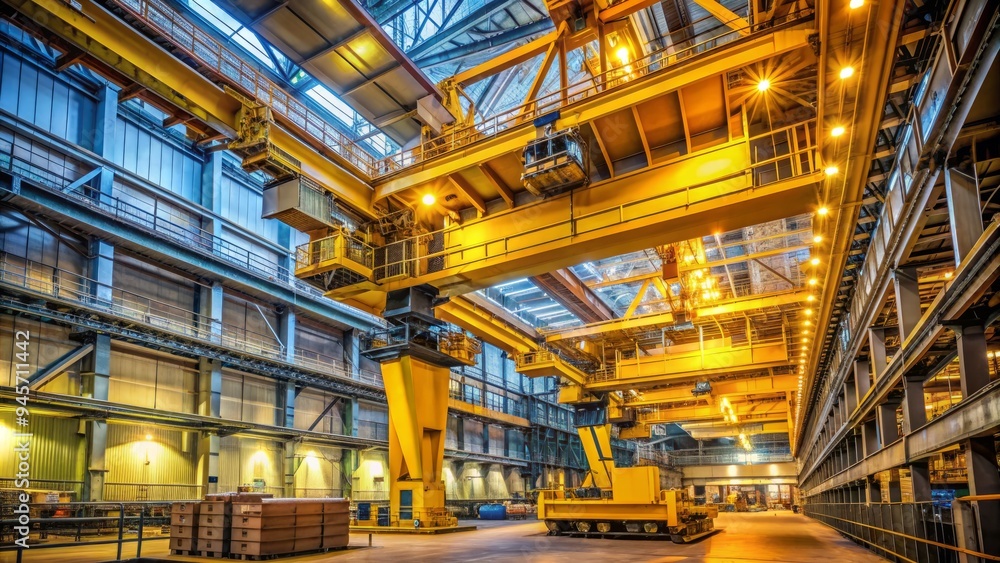 A large, yellow, indoor crane stands tall amidst factory equipment and machinery, illuminated by soft, warm lighting in a modern industrial setting. A large, yellow, indoor crane stands tall amidst factory equipment and machinery, illuminated by soft, warm lighting in a modern industrial setting.