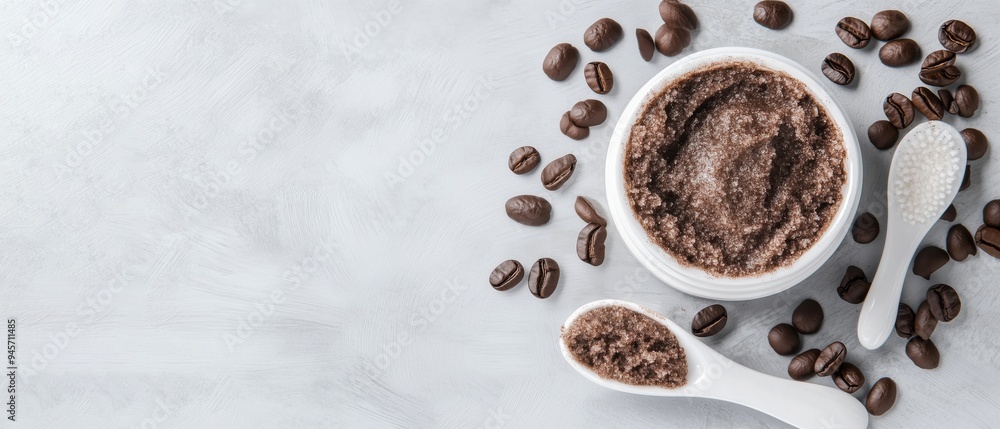 Raw organic coffee scrub in a jar. Apitherapy. Skin care products with coffee bean and cocoa extracts, natural ingredients. Layout top view and copy space Raw organic coffee scrub in a jar. Apitherapy. Skin care products with coffee bean and cocoa extracts, natural ingredients. Layout top view and copy space