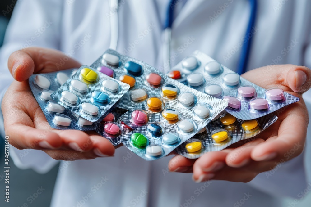 A healthcare professional holding a variety of medicine packs in both hands A healthcare professional holding a variety of medicine packs in both hands