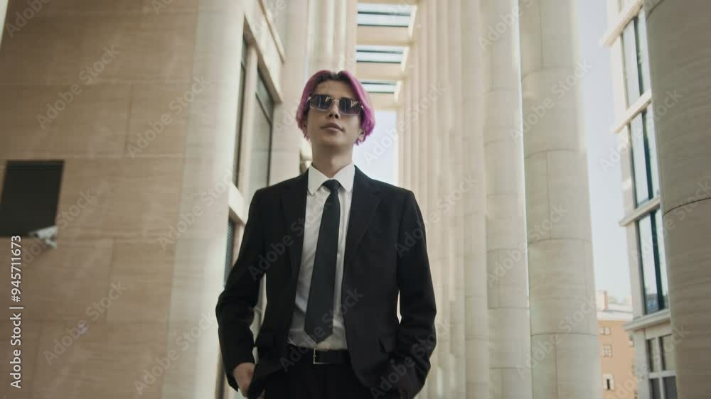 Tracking medium slowmo of cool young Asian guy with pink hair wearing elegant black suit and tie and trendy glasses walking confidently down street at daytime Tracking medium slowmo of cool young Asian guy with pink hair wearing elegant black suit and tie and trendy glasses walking confidently down street at daytime