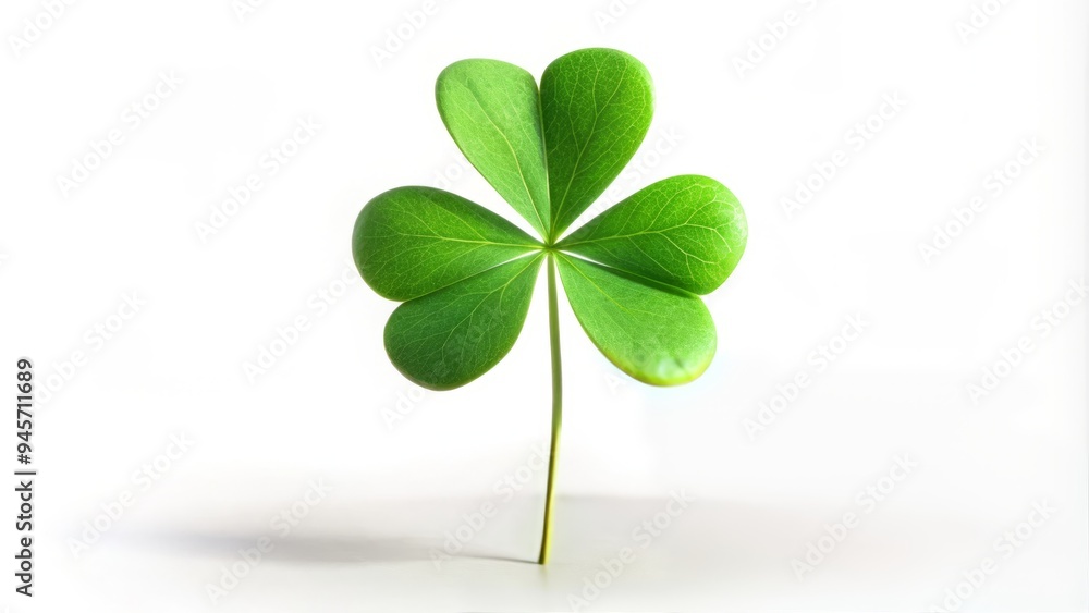 A lone, vibrant green shamrock with three heart-shaped leaves and a slender stem stands isolated on a clean, white background with subtle shadows. A lone, vibrant green shamrock with three heart-shaped leaves and a slender stem stands isolated on a clean, white background with subtle shadows.
