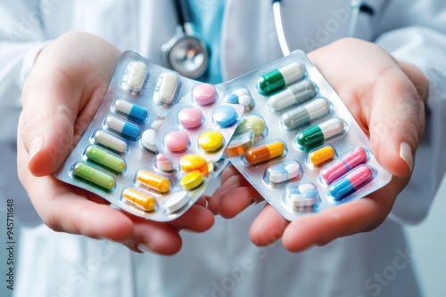 A healthcare professional holding a variety of medicine packs in both hands