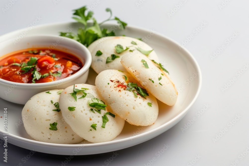 A plate of idlis served with tomato chutney and garnished with coriander, placed on a clean white background.Indian idly or idli.South Indian food.Sambar coconut chutney. A plate of idlis served with tomato chutney and garnished with coriander, placed on a clean white background.Indian idly or idli.South Indian food.Sambar coconut chutney.
