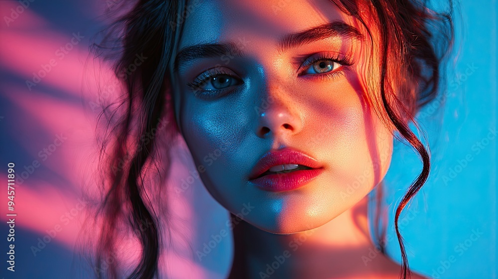 A photography studio setup with RGB lights used to create dramatic and colorful shadows on a model, emphasizing the contours and lines of their face and body A photography studio setup with RGB lights used to create dramatic and colorful shadows on a model, emphasizing the contours and lines of their face and body