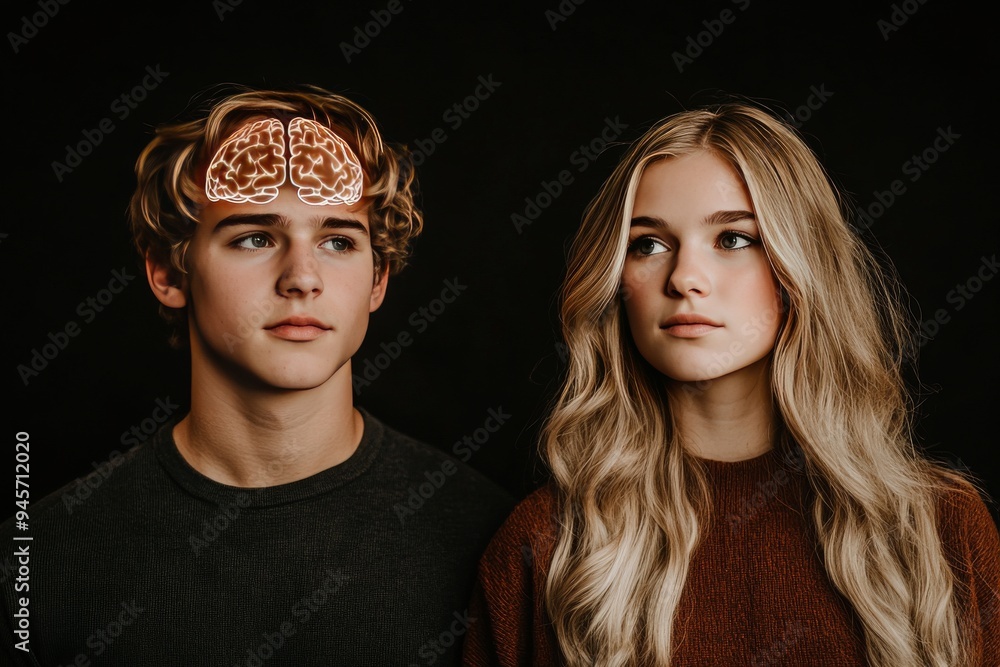 Digital portrait of two young individuals with glowing neural patterns symbolizing the intellectual curiosity and emotional growth in a modern context Digital portrait of two young individuals with glowing neural patterns symbolizing the intellectual curiosity and emotional growth in a modern context