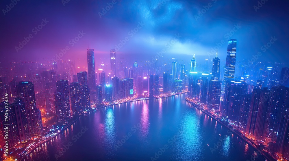 A skyline view of a city at night, with RGB lights illuminating the tops of skyscrapers, creating a colorful contrast against the deep blue sky and twinkling stars A skyline view of a city at night, with RGB lights illuminating the tops of skyscrapers, creating a colorful contrast against the deep blue sky and twinkling stars