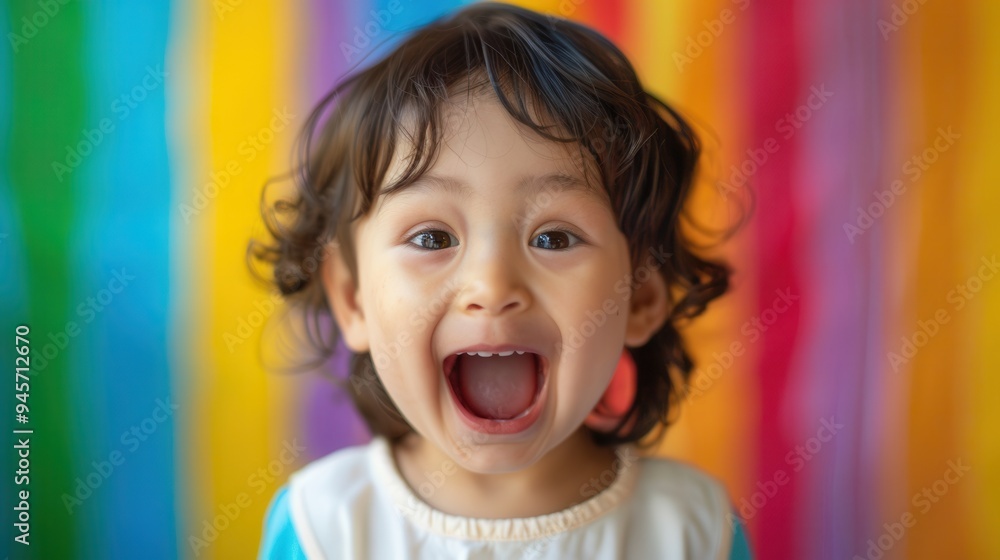 A young child with curly hair expresses delight with a wide smile against colorful striped background. Generative AI A young child with curly hair expresses delight with a wide smile against colorful striped background. Generative AI