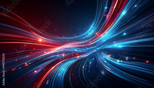 Abstract digital artwork featuring vibrant blue and red light trails swirling against a dark background with glowing dots that add depth and dimension to the design