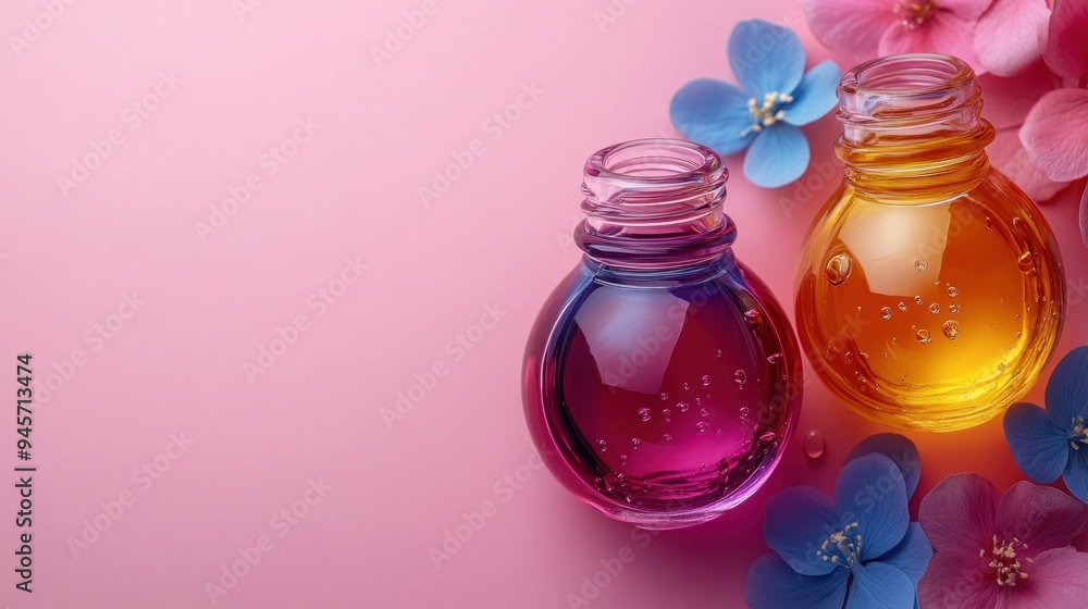 Essential Oils Bottles with Flowers on Pink Background Essential Oils Bottles with Flowers on Pink Background