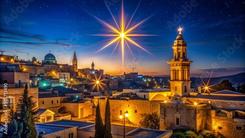 A majestic star shines brightly in the night sky above the ancient city of Bethlehem, its gentle light illuminating the historic Church of the Nativity.