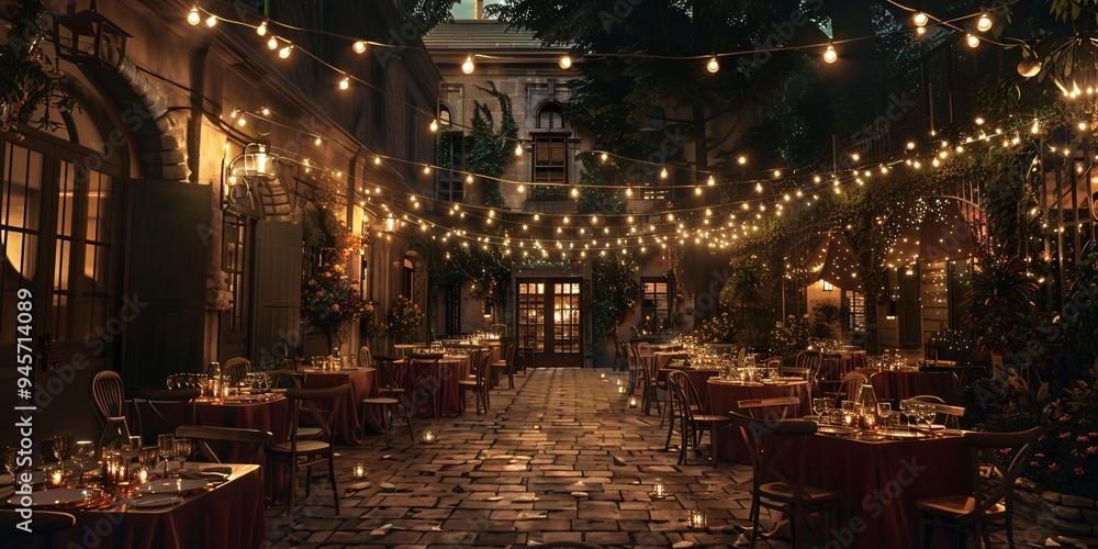 Obraz premium Historic courtyard dining experience, Dinner gathering in historic courtyard