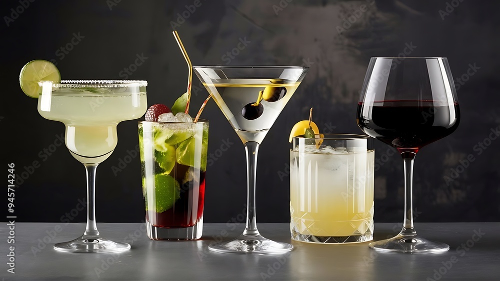 Composition with five glasses of drinks Composition with five glasses of drinks