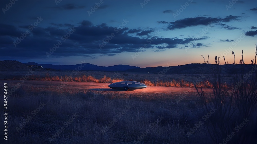 Fototapeta premium Dramatic Dusk Landscape with Mysterious Silhouettes in Rural Field