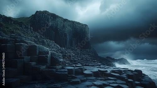 Dramatic Rock Formations under Moody Skies at the Mysterious Giant s Causeway photo