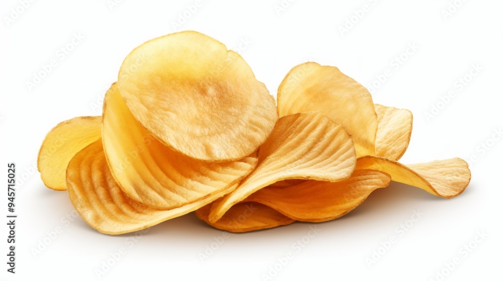 Yellow potato chips pile isolated on white background. Neural network ai generated art Yellow potato chips pile isolated on white background. Neural network ai generated art