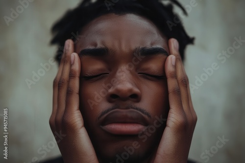 A young adult expresses stress and anxiety with hands on their head and closed eyes, surrounded by a calm atmosphere. Generative AI