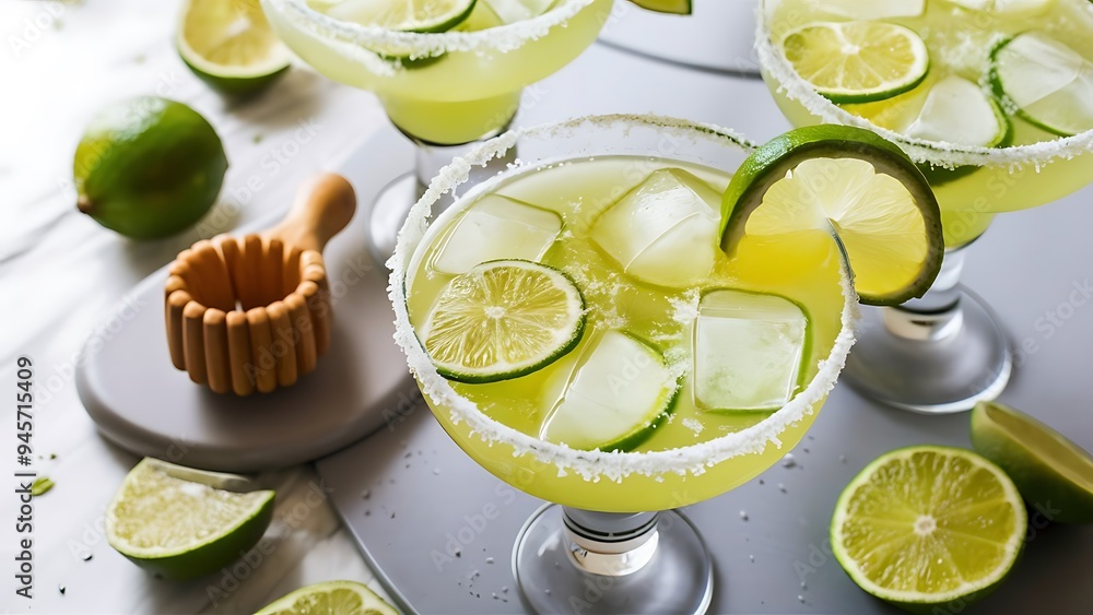 Close up view of margarita cocktails with lime pieces and wooden squeezer on grey surface on white Close up view of margarita cocktails with lime pieces and wooden squeezer on grey surface on white