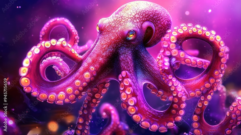 Pink octopus with radiant glowing tentacles, rendered in surreal digital art. A vivid and imaginative depiction with a stunning play of light and color. Pink octopus with radiant glowing tentacles, rendered in surreal digital art. A vivid and imaginative depiction with a stunning play of light and color.