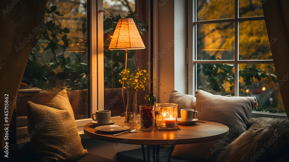 Cozy and intimate dining nook with a window view, Cozy and intimate dining nook with a window view,