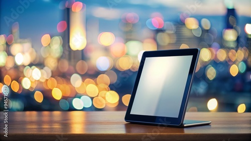 A modern digital device with a blank screen is held at an angle, awaiting creative input, against a blurred cityscape background with bokeh effects.