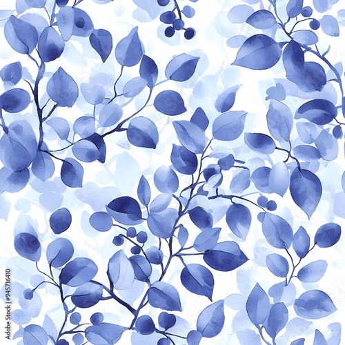 Beautiful blue watercolor leaves pattern on a light background. photo