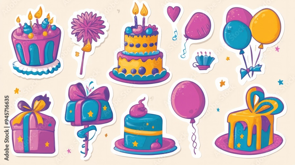 Set of cartoon birthday stickers with vibrant 90s-style designs, including cakes, balloons, and presents. Ideal for creative celebration labels and promo materials. Set of cartoon birthday stickers with vibrant 90s-style designs, including cakes, balloons, and presents. Ideal for creative celebration labels and promo materials.