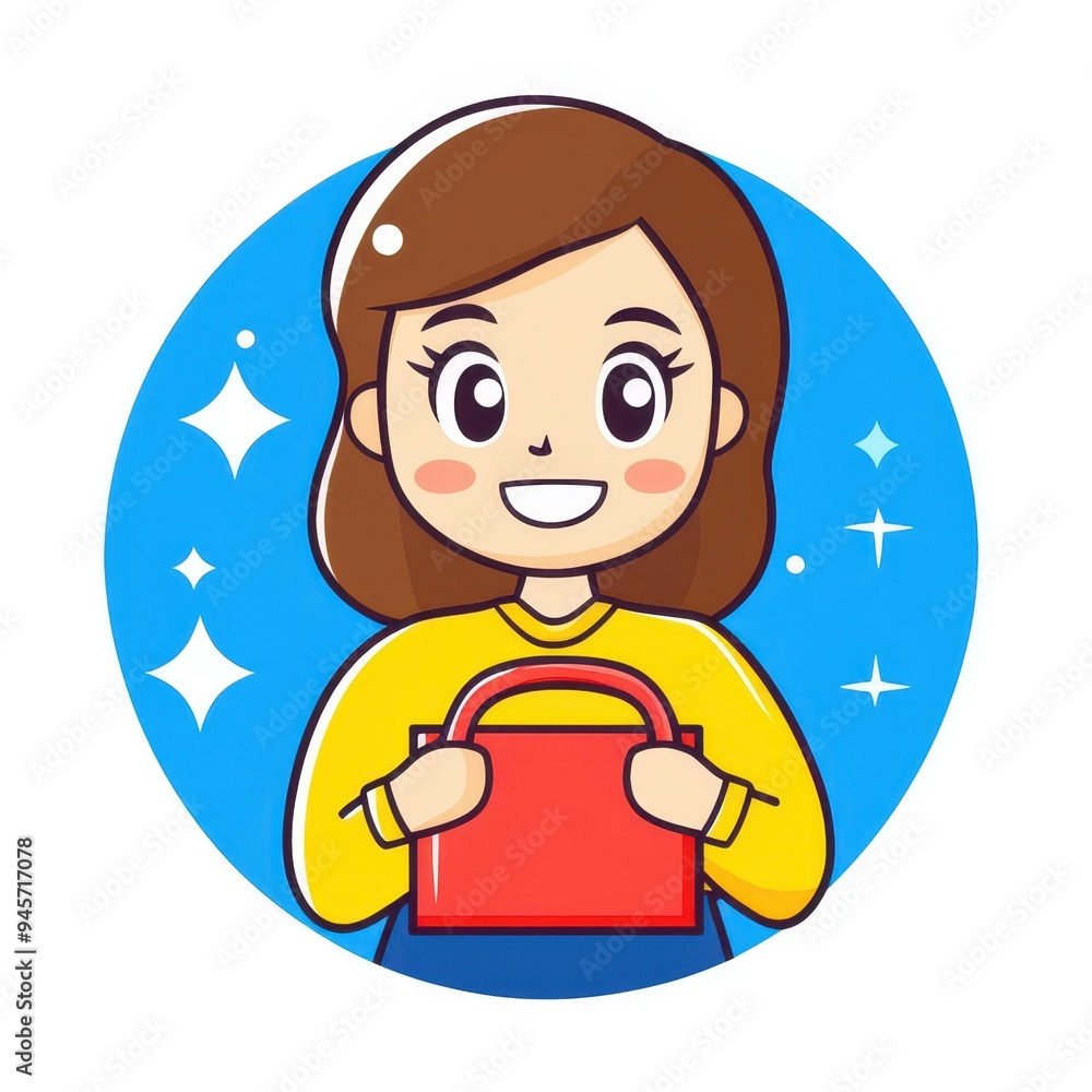 A joyful young woman with a bag, illustrated in a bold, colorful style, encapsulated within a minimal circle. A joyful young woman with a bag, illustrated in a bold, colorful style, encapsulated within a minimal circle.