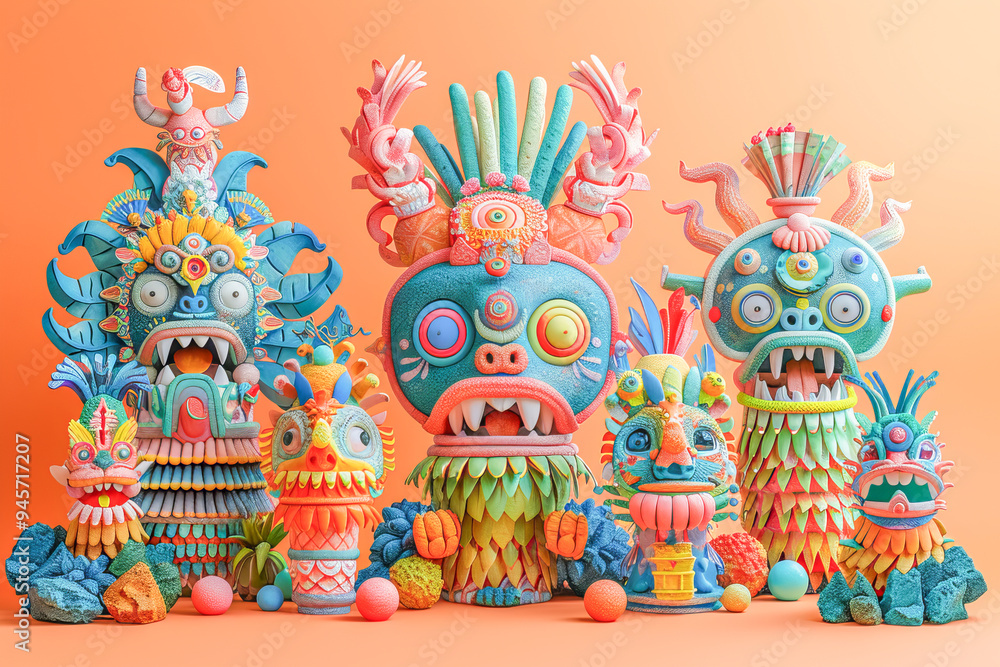 Fototapeta premium Colorful aztec totem idols posing on orange background