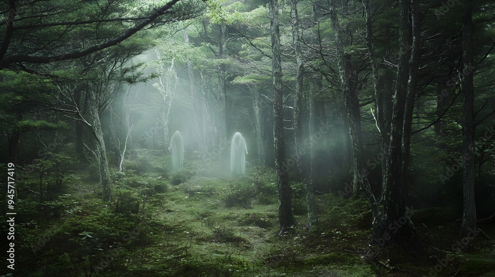 Fototapeta premium Ghostly Figures Wandering Through Haunted Forestscape of Mist and Fog