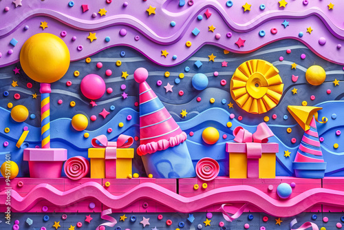 Whimsical birthday collage with gifts and party hats