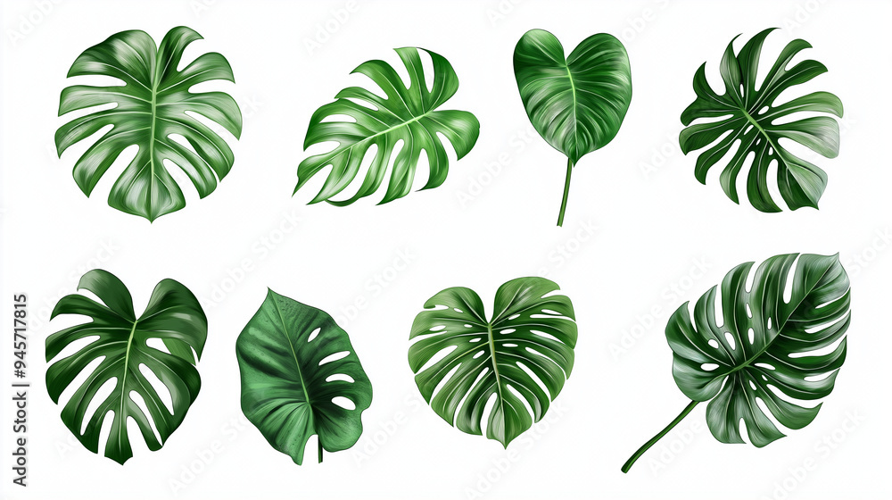 Set of albo monstera isolated on white solid background, white and green, set of leaves Set of albo monstera isolated on white solid background, white and green, set of leaves