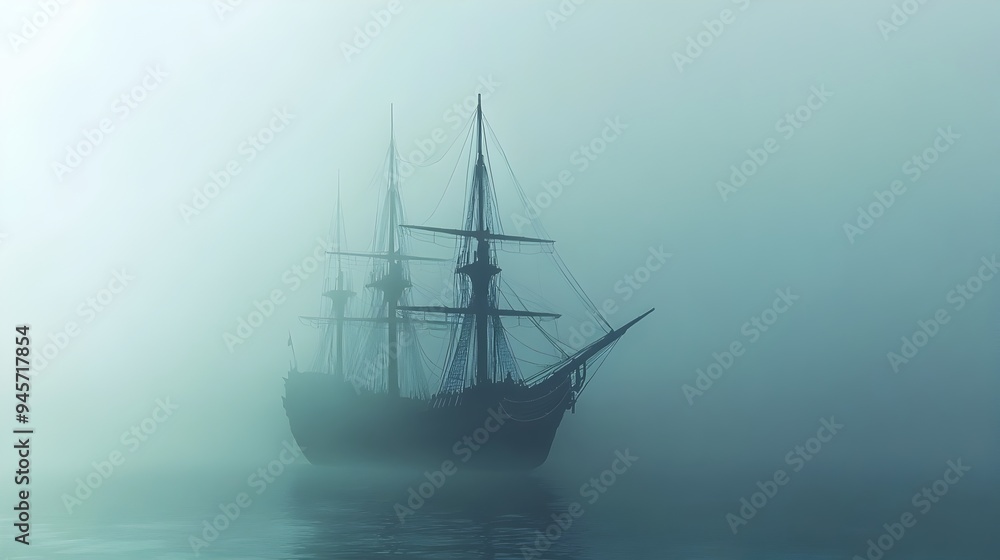 Ghostly Vessel Drifting Through Misty Seascape Ghostly Vessel Drifting Through Misty Seascape