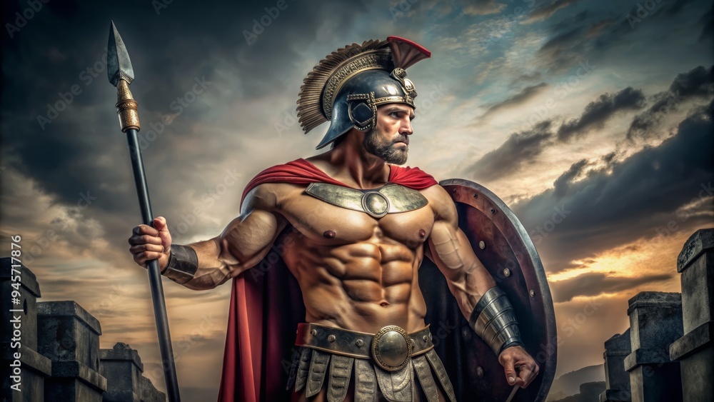 A muscular Roman soldier in full armor, gripping a spear and shield, stands proudly in a dramatic pose, evoking ancient military discipline and honor.