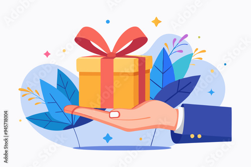 Gift reward program, bonus or surprise present for customer, employee reward or lucky prize, birthday gift box or festive incentive, special loyalty program concept, hand giving gift box with ribbon.
