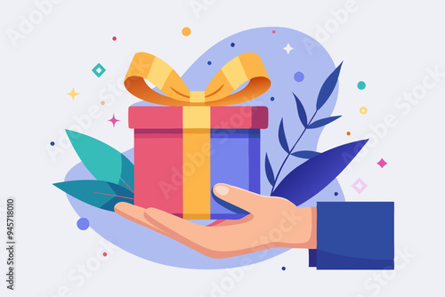 Gift reward program, bonus or surprise present for customer, employee reward or lucky prize, birthday gift box or festive incentive, special loyalty program concept, hand giving gift box with ribbon.

