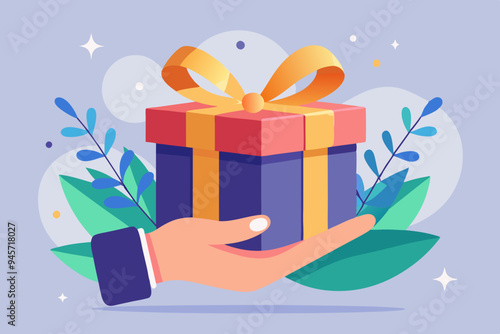 Gift reward program, bonus or surprise present for customer, employee reward or lucky prize, birthday gift box or festive incentive, special loyalty program concept, hand giving gift box with ribbon.
