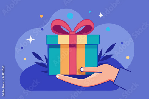 Gift reward program, bonus or surprise present for customer, employee reward or lucky prize, birthday gift box or festive incentive, special loyalty program concept, hand giving gift box with ribbon.
