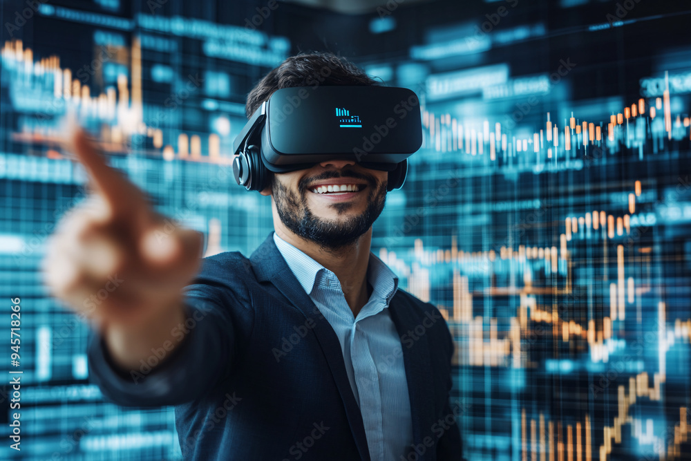 Immersed in Innovation: A young professional in VR headset navigates a virtual world of financial data, his smile reflecting the excitement of technological advancement. Immersed in Innovation: A young professional in VR headset navigates a virtual world of financial data, his smile reflecting the excitement of technological advancement.