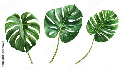 Set of albo monstera isolated on white solid background, white and green, set of leaves