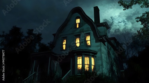 Haunting Amityville House with Glowing Windows at Ominous Night photo