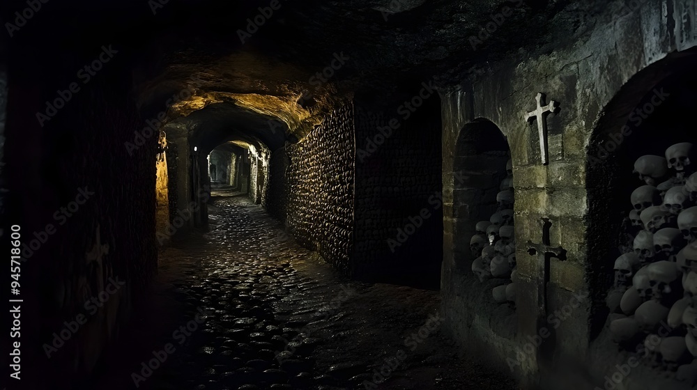 Obraz premium Haunting Passageway Through the Dark Catacombs of Paris