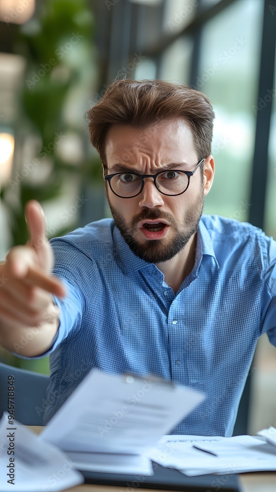 An angry boss in an office, pointing at the camera with his finger, sitting behind a desk and holding papers An angry boss in an office, pointing at the camera with his finger, sitting behind a desk and holding papers